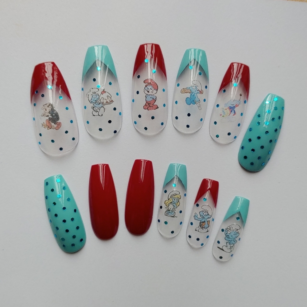 Smurfs Nails Retro Press On Nails - New Hand Painted